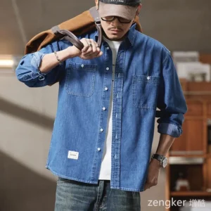 Spring New Arrival Men's Big Size Denim Shirt Oversized Loose Fit Streetwear Style Jacket for Big Men Plus Size mens shirt<span> - </span>Blue, M (50-58kg)