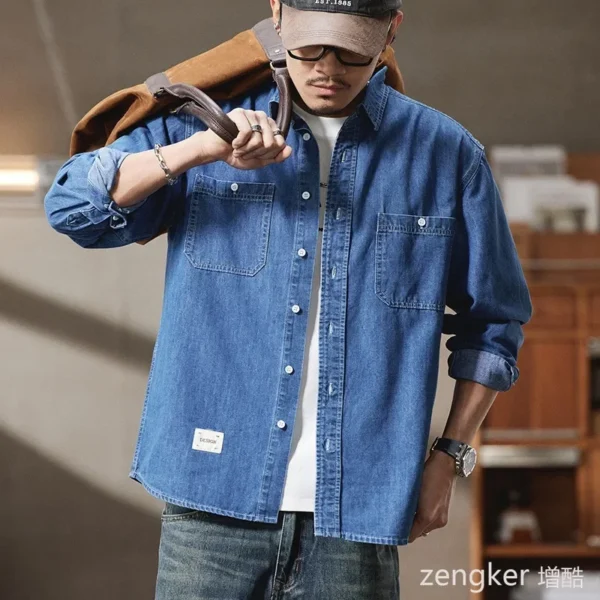 ⁦Spring New Arrival Men's Big Size Denim Shirt Oversized Loose Fit Streetwear Style Jacket for Big Men Plus Size mens shirt⁩ - الصورة ⁦2⁩