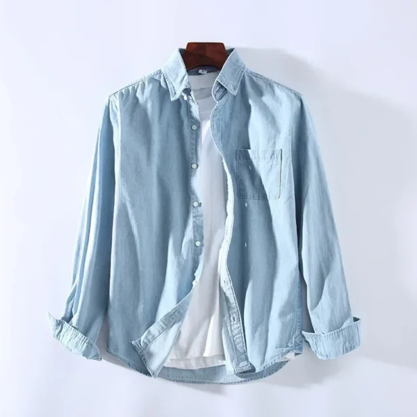 Men's Casual Denim Shirt Fashion New Simple Casual Cotton Slim Jean Long Sleeve Shirt Male Brand Clothes Top Blue - Image 2
