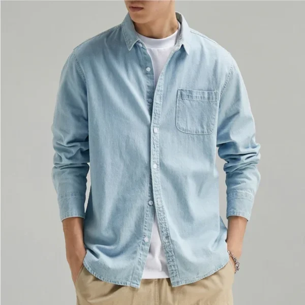 ⁦New Four Seasons Men's Long Sleeve Denim Shirt Cotton Jacket No Ironing Casual Social Comfortable and Breathable 3 Colors⁩ - الصورة ⁦3⁩