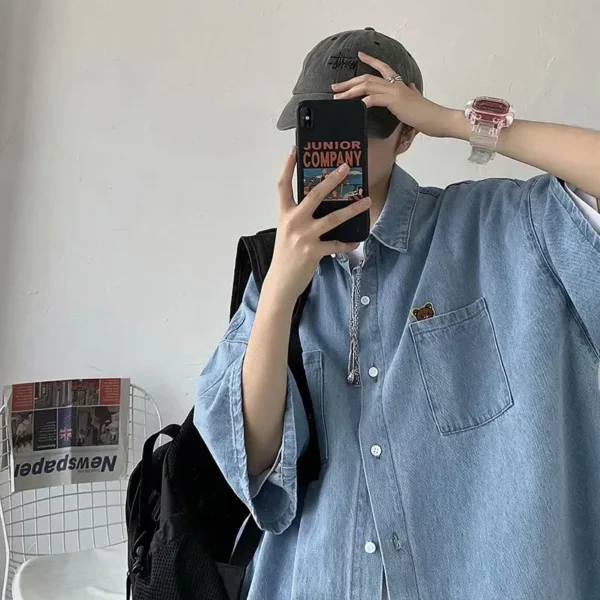 ⁦Summer New Men's Short Sleeved Denim Shirt Ins Trendy Brand Niche Design Sense Casual Half Sleeved Top Versatile Street Trend⁩ - الصورة ⁦4⁩