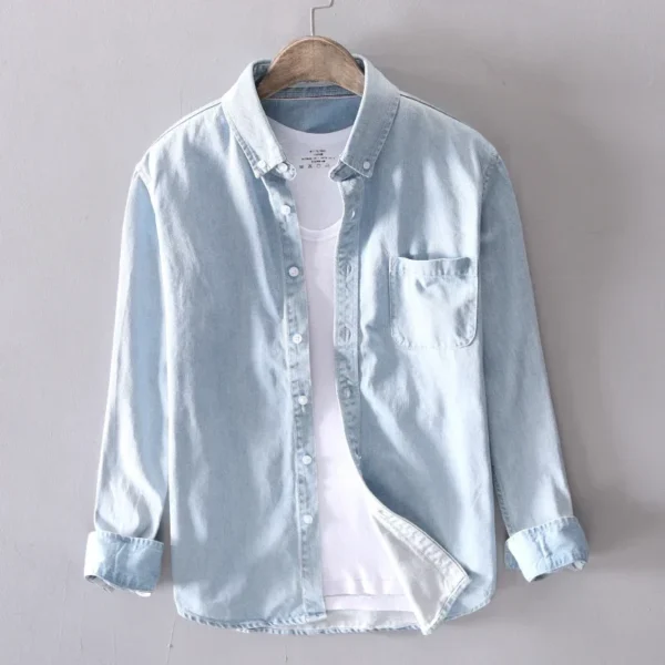 Autumn New 100% Cotton Men's Denim Shirt Casual Male Long-sleeved Shirts Street Japanese Fashion Slim Clothes Light Blue Black - Image 3