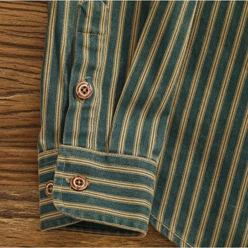 Nostalgic wash to do old blue vertical stripe denim shirt men loose American long-sleeved overalls shirt coat - Image 6