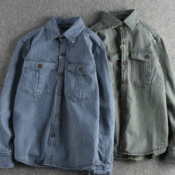 Yarn-dyed striped fabric washed to make old vintage cargo denim shirt for men European and American fashion casual shirt coat - Image 4