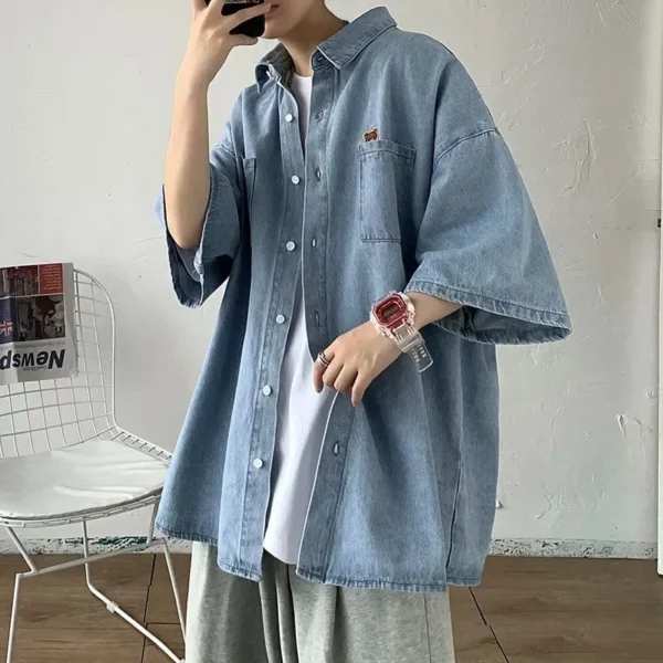 ⁦Summer New Men's Short Sleeved Denim Shirt Ins Trendy Brand Niche Design Sense Casual Half Sleeved Top Versatile Street Trend⁩ - الصورة ⁦2⁩