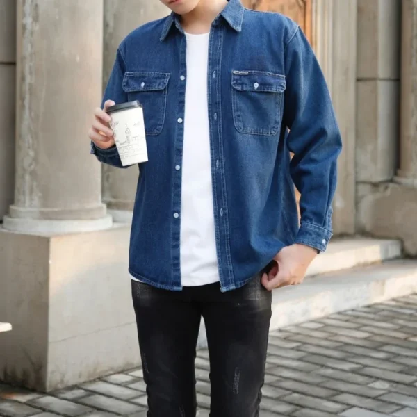 ⁦Spring and Summer Thin Medium-thick Denim Shirt Workwear Men's Long-sleeved Construction Site Top Pure Cotton Breathable⁩ - الصورة ⁦4⁩