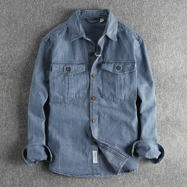 Yarn-dyed striped fabric washed to make old vintage cargo denim shirt for men European and American fashion casual shirt coat - Image 2