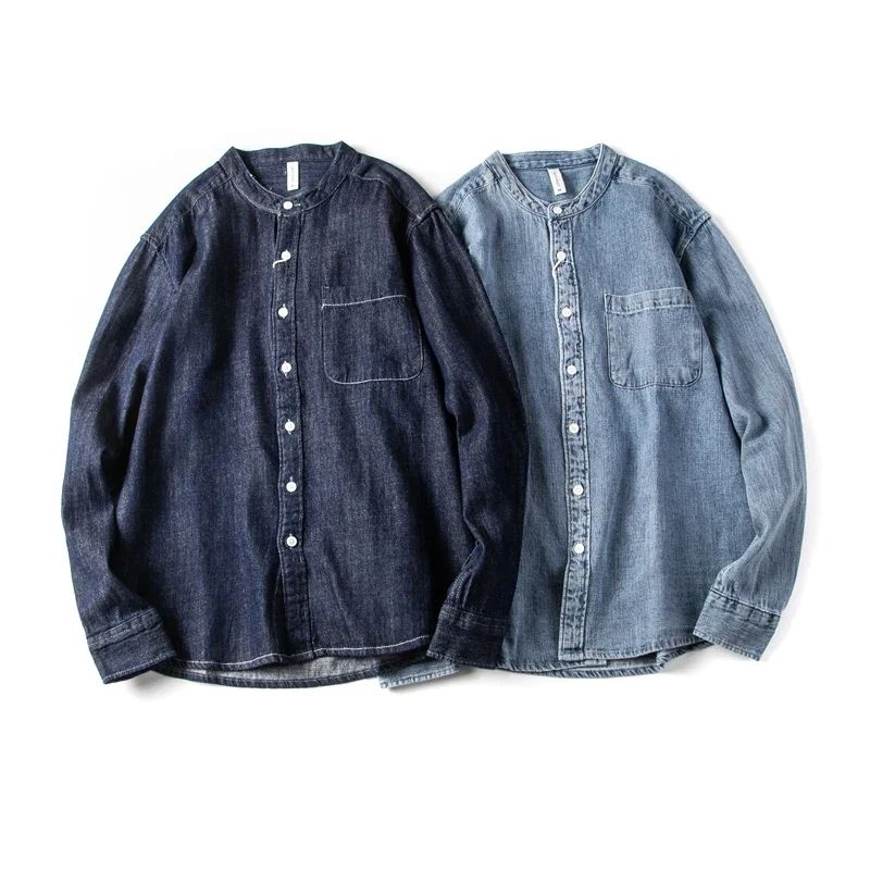2024 Spring Autumn Casual Loose Washed Denim Collarless Shirts for Men Long Sleeve Japan Vintage Workwear Tops Coats Youth Male - الصورة 2