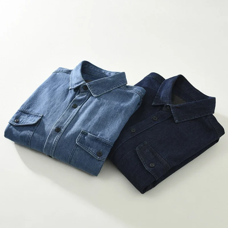 Spring New Denim 100% Cotton Long Sleeve Shirts for Men Clothing Casual Turn-down Collar Soft White Shirt CM8887 - الصورة 5