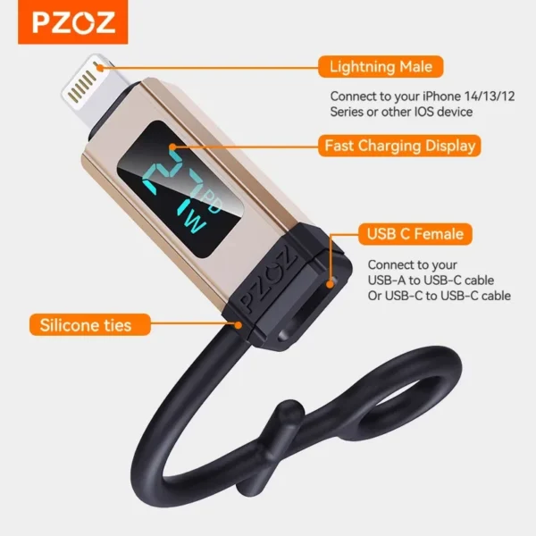 ⁦PZOZ Digital Display Fast Charging Adapter Plug Type C To Lightning For iPhone 14 13 12 11 Pro X 8 7 6 SE USB C TO Lightning⁩ - الصورة ⁦2⁩