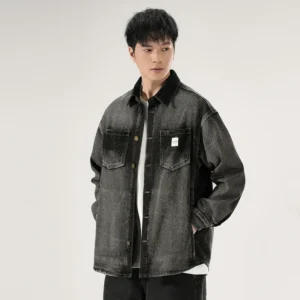Men Diamond Texture Denim Shirt Jacket Heavy Stone Wash Workwear Shirts With Gradient Fading Man Clothing Vintage Utility Coat<span> - </span>Black, 4XL 105-115kg