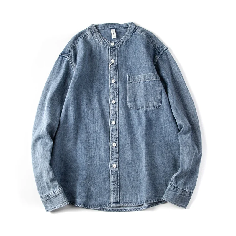 2024 Spring Autumn Casual Loose Washed Denim Collarless Shirts for Men Long Sleeve Japan Vintage Workwear Tops Coats Youth Male - الصورة 4