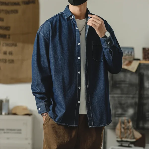 Autumn New Men's Long Sleeve Denim Shirt Classic Black Blue Loose Lapel Collar Coats Fashion Korean High Street Male Clothes Top - Image 4