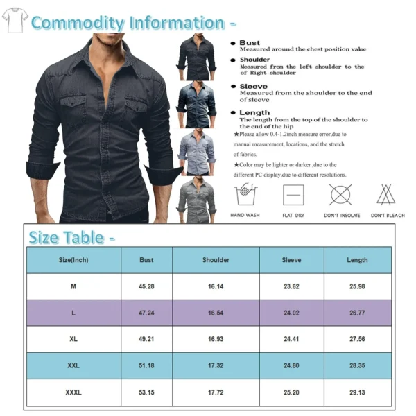 Men'S Autumn Fashion Clothing Casual Fashion Long Sleeve Lapel Shirts Solid Color Denim Washed Shirt Men'S Tops - Image 6