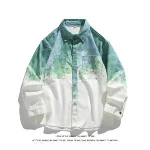 Korean Gradient Colour Long-sleeved Shirt Men's Summer Trend of New Casual Shirt Graffiti Street Denim Jacket<span> - </span>green, Asian-3XL