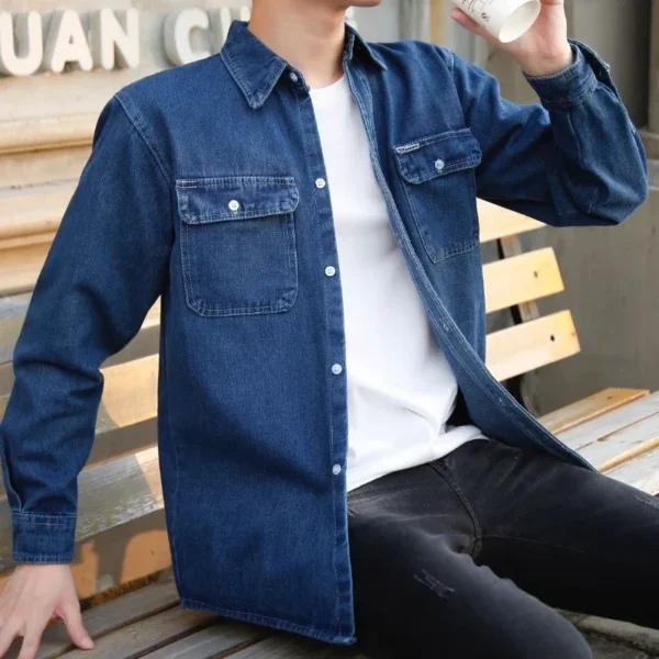 ⁦Spring and Summer Thin Medium-thick Denim Shirt Workwear Men's Long-sleeved Construction Site Top Pure Cotton Breathable⁩ - الصورة ⁦3⁩