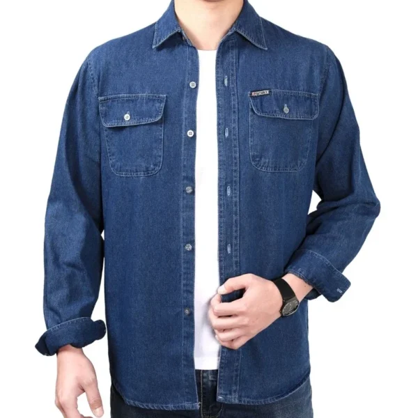 ⁦Spring and Summer Thin Medium-thick Denim Shirt Workwear Men's Long-sleeved Construction Site Top Pure Cotton Breathable⁩ - الصورة ⁦2⁩