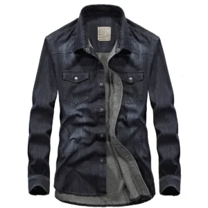 High Quality Men's Denim Shirt Long Sleeve Oversized Pure Cotton Overshirt Solid Casual Shirts Men Clothing 4XL A2F6522<span> - </span>black blue, XXL