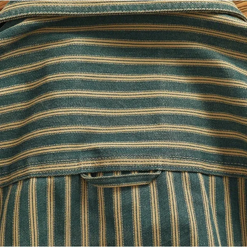 Nostalgic wash to do old blue vertical stripe denim shirt men loose American long-sleeved overalls shirt coat - Image 4