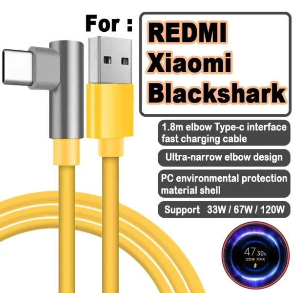For Xiaomi 120W Charger Cable USB Type C 6A For Redmi Note 11 10 Pro+ K40 Gaming K50 Pro Turbo Charger Elbow 90 Degree 1.8m