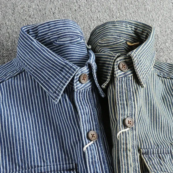 Yarn-dyed striped fabric washed to make old vintage cargo denim shirt for men European and American fashion casual shirt coat - Image 5