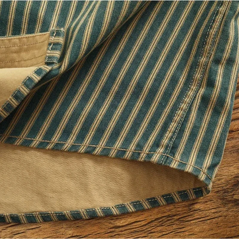 Nostalgic wash to do old blue vertical stripe denim shirt men loose American long-sleeved overalls shirt coat - Image 5