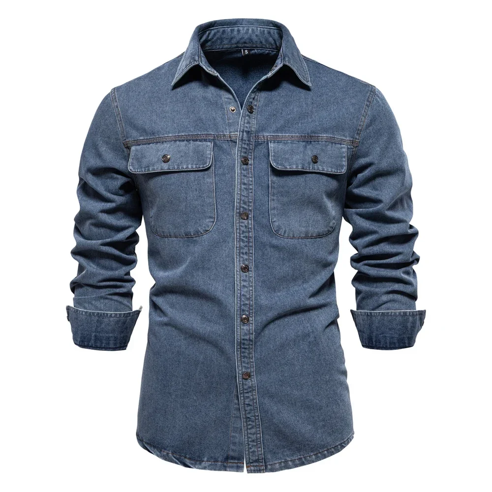 Brand New Mens 100% Cotton Denim Shirts Double Pocket Casual Cowboy Mens Shirts Long Sleeve Autumn Jeans Shirts for Men - Image 2