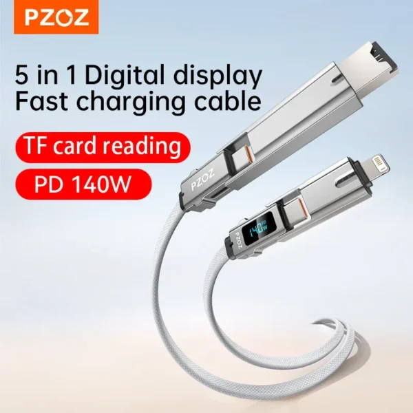 PZOZ 140W Fast Charging OTG Cable Digital Display PD USB C Cable For iPhone 16 15 14 Pro Max MacBook iPad TF Card Reader charger