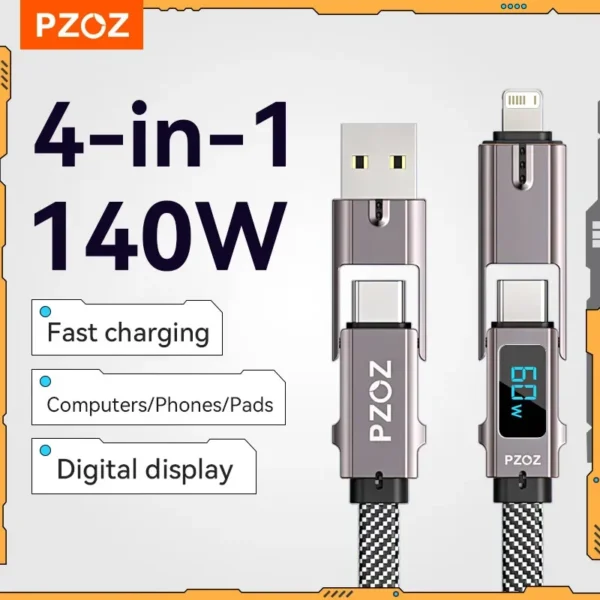 PZOZ 4 in 1 140W PD USB C Cable Digital Display Fast Charging For iPhone 16 15 14 Pro Max MacBook iPad USB Type C Cord Charger