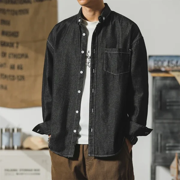 Autumn New Men's Long Sleeve Denim Shirt Classic Black Blue Loose Lapel Collar Coats Fashion Korean High Street Male Clothes Top - Image 5