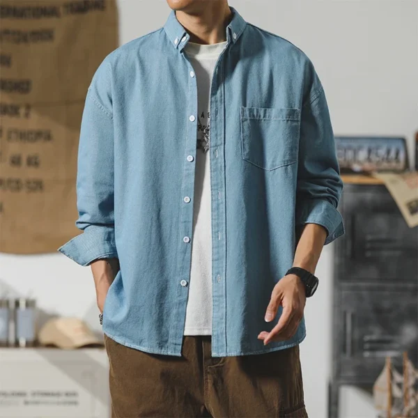 Autumn New Men's Long Sleeve Denim Shirt Classic Black Blue Loose Lapel Collar Coats Fashion Korean High Street Male Clothes Top - Image 2