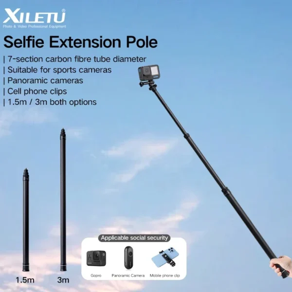 XILETU GP150 Super Long Selfie Stick Carbon Fiber Mobile Phone GOPRO10 Sports Camera Handheld 3m Telescopic Pole
