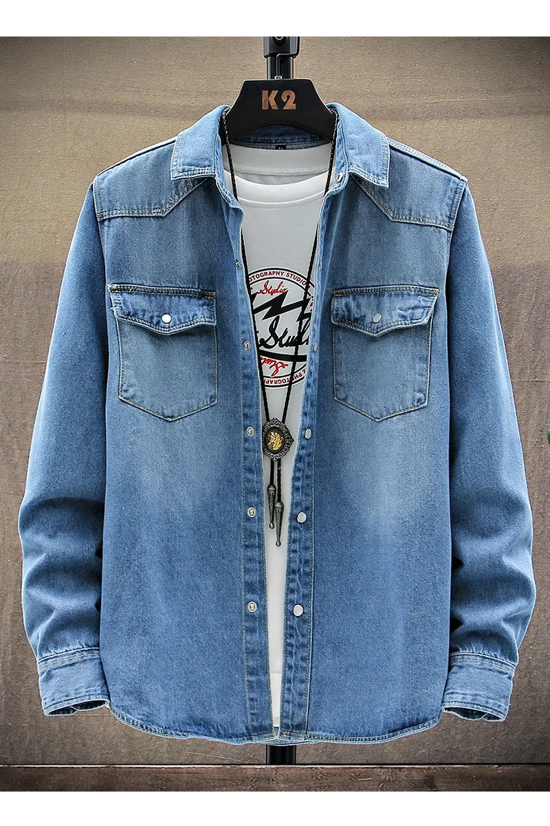 2025 Autumn New style high quality Denim shirts Men's fashion Casual Long Sleeve Jeans Shirt Solid Color Shirt men size M-XXXL - الصورة 6