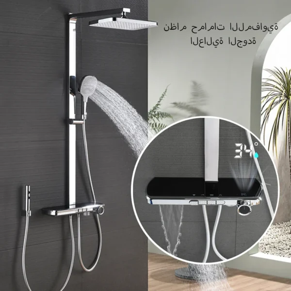 ⁦حمام فاخر نظام دش شلال عرض درجة الحرارة الرقمية حوض الاستحمام مجموعة دش خلاط مياه الأمطار الساخنة والباردة صنبور دش حنفية دش حمام ذكية بأزرار 4 طرق مجموعة كاملة من ملحقات الحمام⁩ - الصورة ⁦2⁩