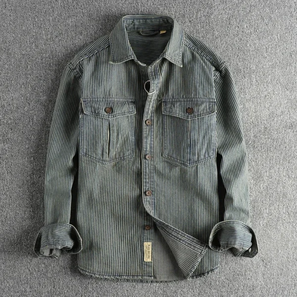Yarn-dyed striped fabric washed to make old vintage cargo denim shirt for men European and American fashion casual shirt coat