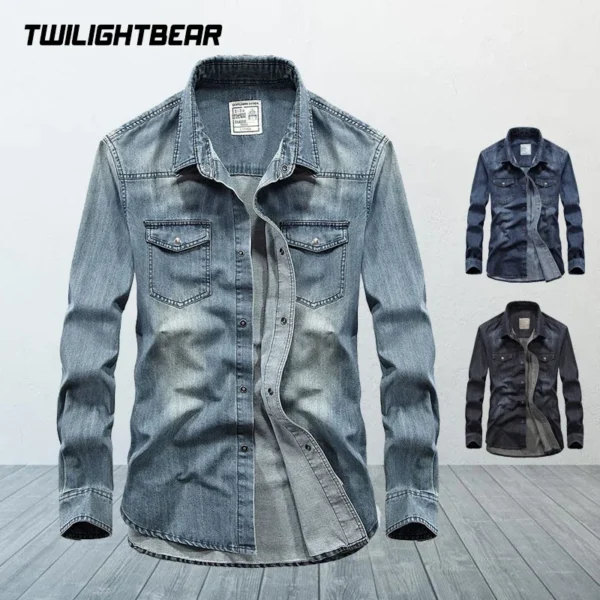 High Quality Men's Denim Shirt Long Sleeve Oversized Pure Cotton Overshirt Solid Casual Shirts Men Clothing 4XL A2F6522 - Image 2
