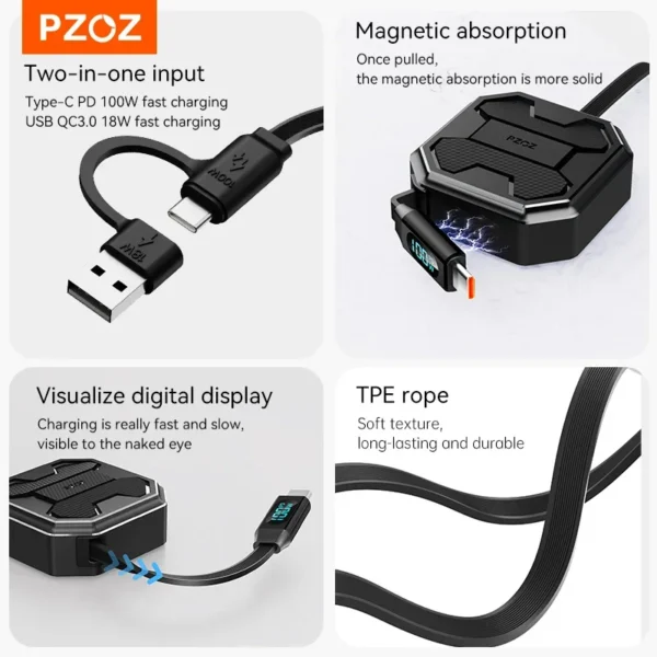 ⁦PZOZ 100W C to C Retractable Cable USB to Type C Lightning Digital Display PD Fast Charging Cable Data Wire For iPhone 16 15 14⁩ - الصورة ⁦2⁩