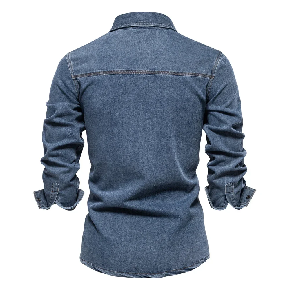 Brand New Mens 100% Cotton Denim Shirts Double Pocket Casual Cowboy Mens Shirts Long Sleeve Autumn Jeans Shirts for Men - Image 3
