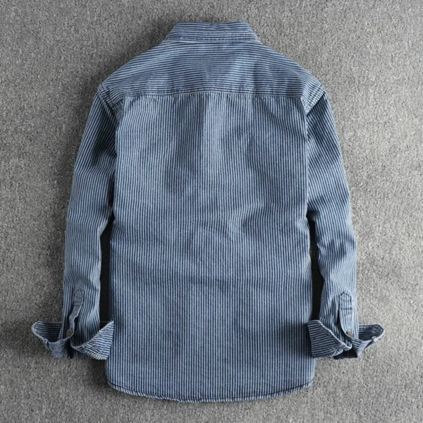 Yarn-dyed striped fabric washed to make old vintage cargo denim shirt for men European and American fashion casual shirt coat - Image 3