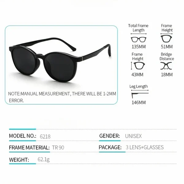 YIMARUILI Fashion TR90 نظارات مستقطبة مغناطيسية بإطار نظارات طبية مستديرة كلاسيكية للرجال والنساء 6218 - Image 2