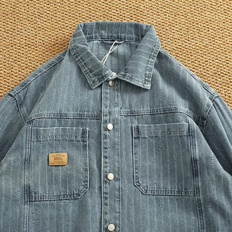 Heavyweight Washed Vintage Denim Shirt Jacket for Men - Textured Utility Stripe Long Sleeve Workwear Shacket - الصورة 3
