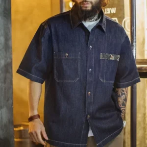 Maden Retro Boro Men's Summer Denim Short Sleeve Shirt Indigo Dyed Lapel Single Breasted Casual Overshirt Street Outfits Blouse<span> - </span>Navy Blue, XXL