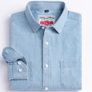Man 100% Cotton Western Denim Pocket Shirt Long Sleeve Standard-fit Comfort Durability Soft Casual Washed Durability Work Shirts<span> - </span>NZ-01, L