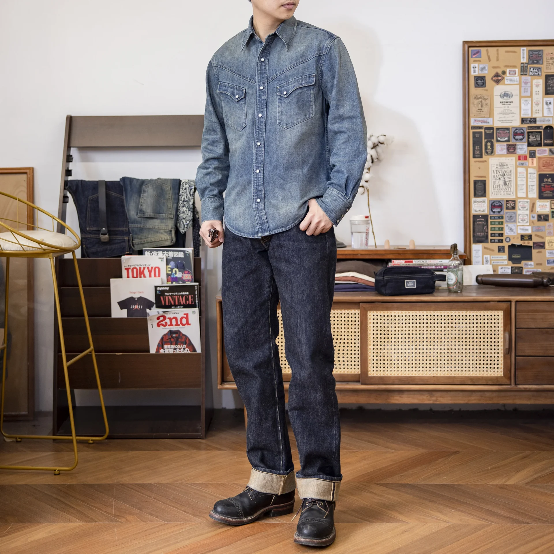 Red Tornado Vintage Denim Western Shirt Pearl Snap Cowboy Ranch Work Shirt for Men - الصورة 4