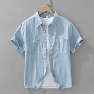 8152 100% Cotton Japan Style Vintage Denim Shirt for Men Short Sleeve Dual Pocket Solid Color Simple Slim Fit Casual Blouse Tops<span> - </span>8152-Light Blue, L 62-72KG