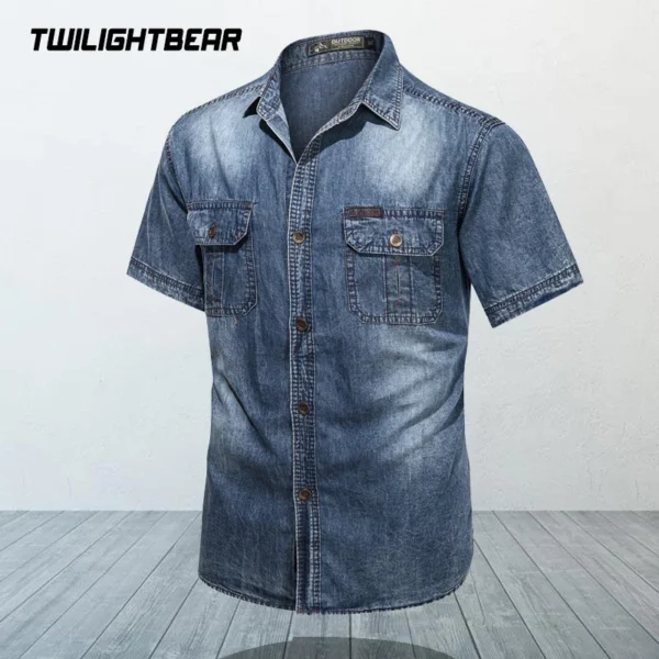 2024 Summer Men's Denim Shirts Short Sleeve Cotton Cowboy Shirt 5XL Oversized Solid Vintage Causal Shirt Men's Clothing AF5010