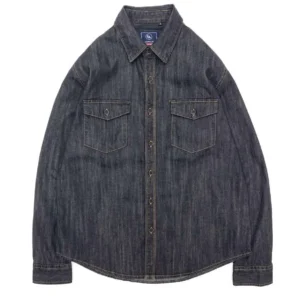 Heavyweight Washed Cotton Workwear Denim Shirt for Men Motorcycle Style Loose Fit Button Down Cargo Shirt with Chest Pocket<span> - </span>Gray Blue, L