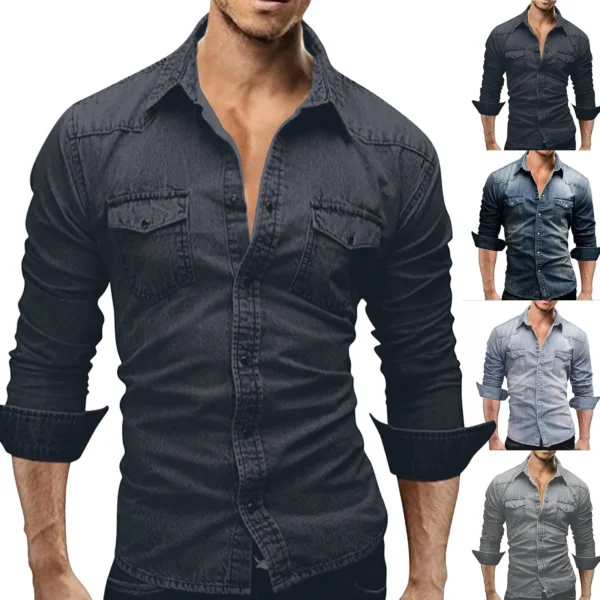 Men'S Autumn Fashion Clothing Casual Fashion Long Sleeve Lapel Shirts Solid Color Denim Washed Shirt Men'S Tops - Image 2