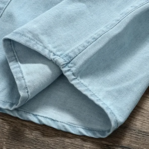 ⁦Spring And Autumn Men's Denim Long Sleeved Shirt With Double Pockets American Work Style Loose Fitting Washed Denim Shirt Jacket⁩ - الصورة ⁦6⁩