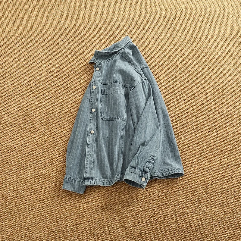 Heavyweight Washed Vintage Denim Shirt Jacket for Men - Textured Utility Stripe Long Sleeve Workwear Shacket - الصورة 4